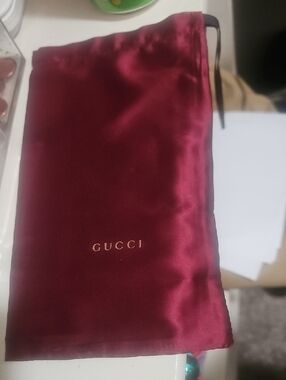 Gucci Satin Drawstring Pouch in Deep Red with Gold Logo